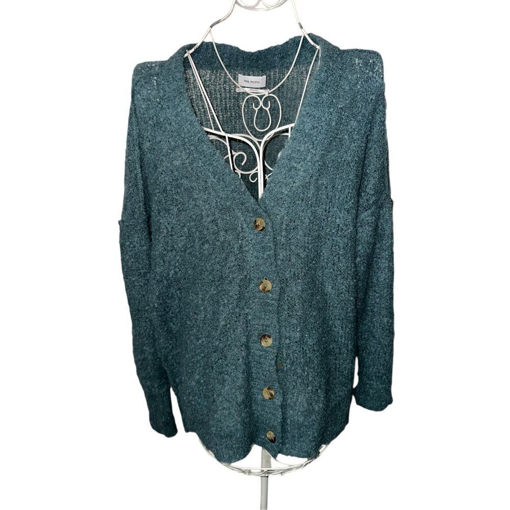 Beautiful Free People cozy Boucle Alpaca Teal Blue Knit Oversized Sweater size X